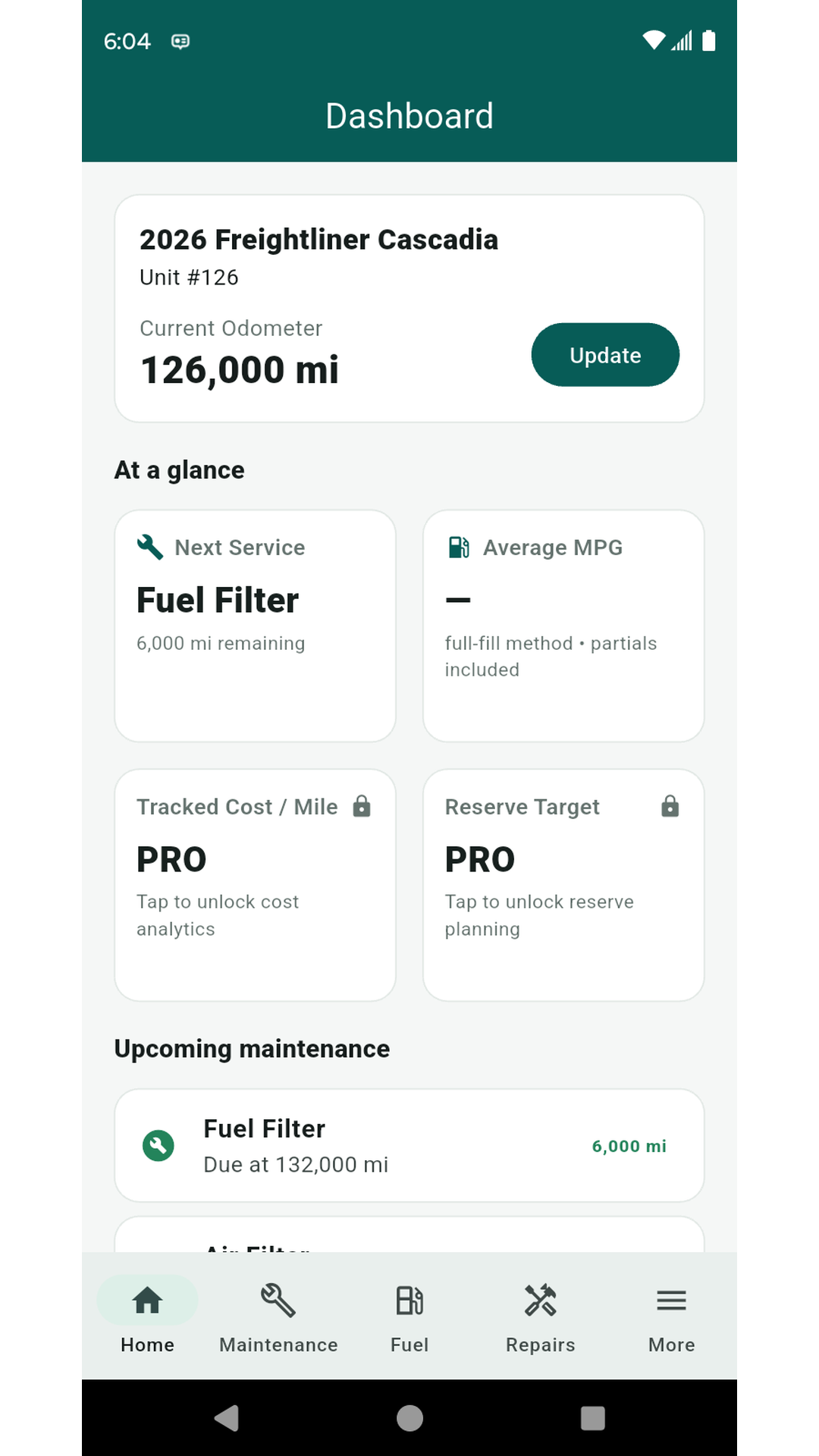 Truck Maintenance dashboard showing odometer, upcoming service and maintenance metrics